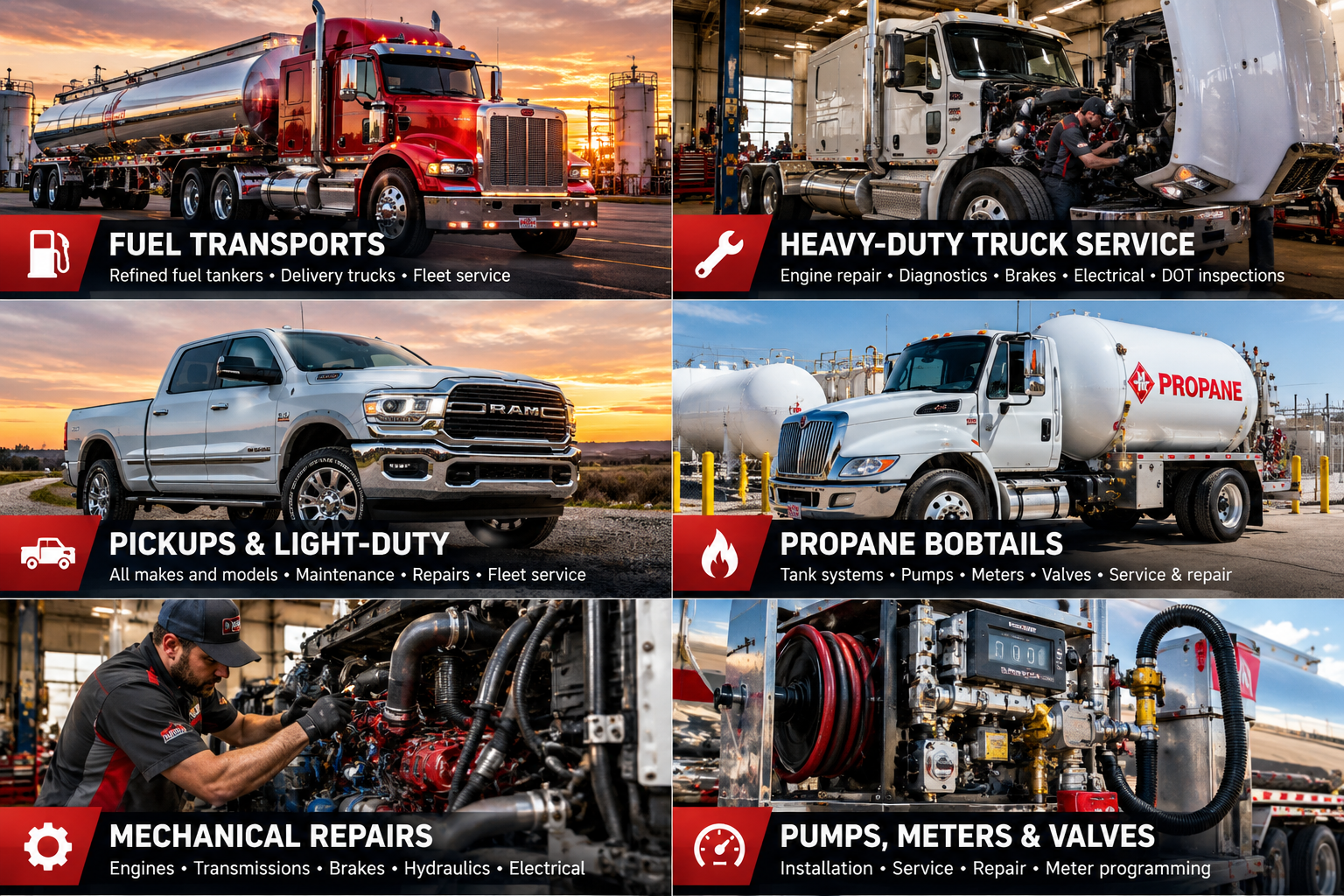 Illustrated overview of fuel transports, heavy-duty trucks, pickups, propane bobtails, mechanical repairs, pumps, meters and valves